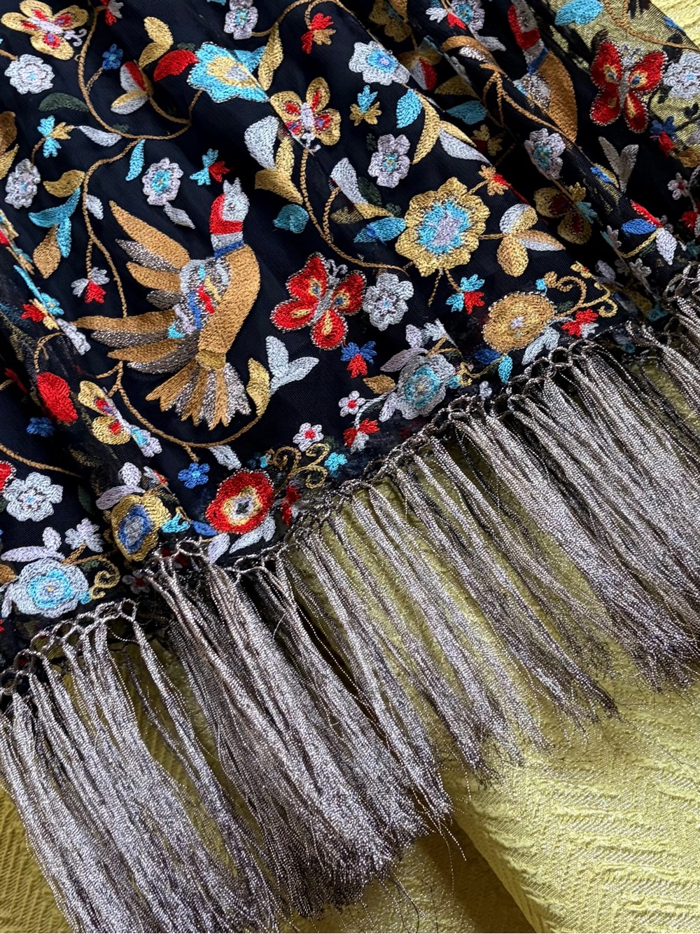 Alice + Olivia Black Maxi Skirt with Multicolor Floral & Bird Embroidery